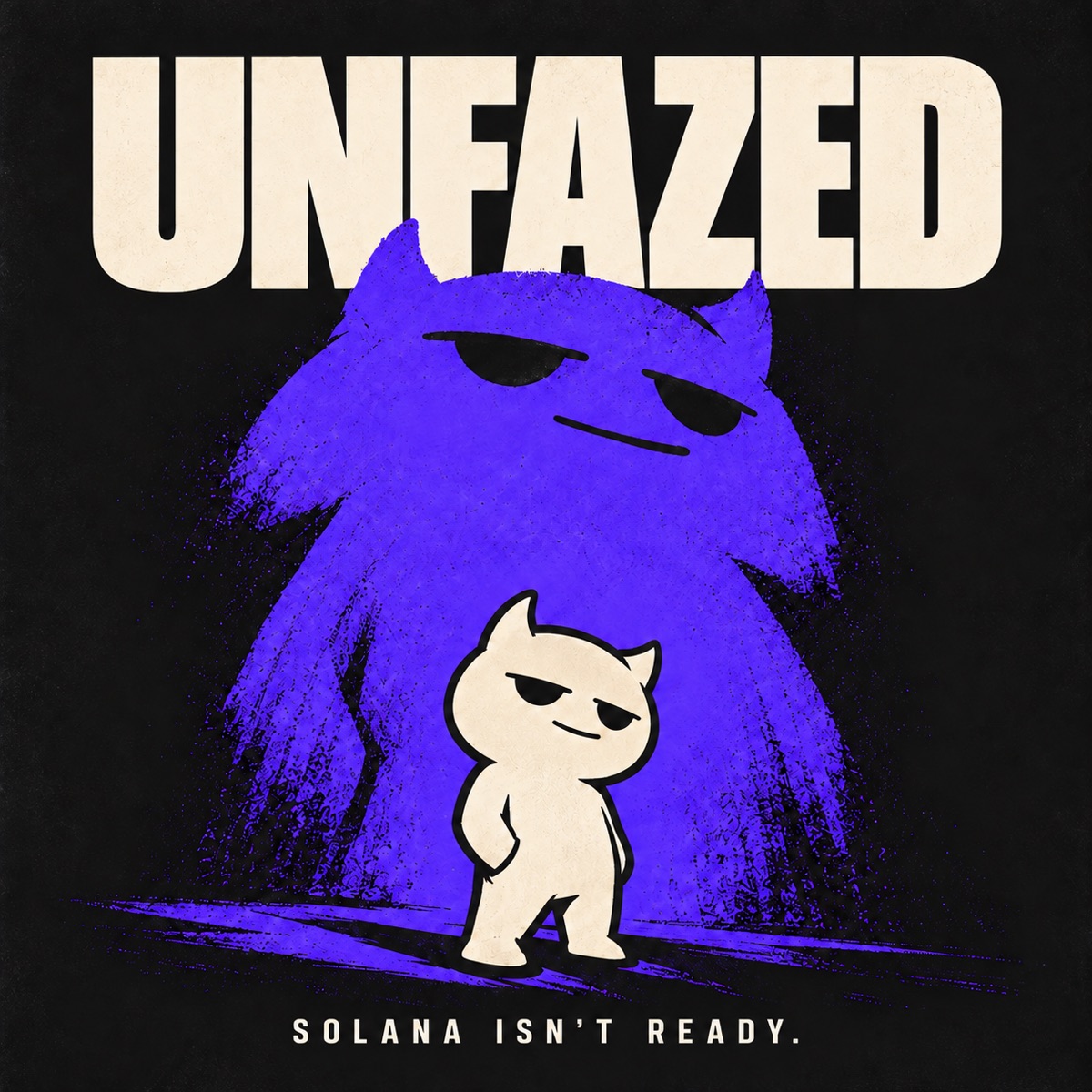 UNFAZED mascot beneath its towering violet shadow. Solana isn't ready.